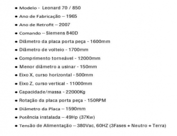 Foto: TORNO CNC  DE GRANDE PORTE LEONARD 70/850 - 12000 x 1700 -RETROFITADO EM 2007