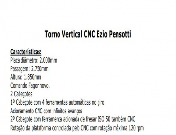 Foto: TORNO VERTICAL CNC - ESIO PENSOTTI - 2000MM PLACA - 2750MM PASSAGEM - FERRAMENTAS ACIONADAS