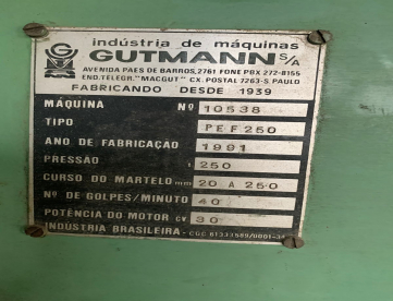 Foto: PRENSA FREIO FRICÇÃO - TIPO C - GUTMANN - 250 TONS - PEF 250 - ANO 1991