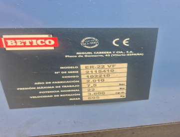Foto: COMPRESSOR DE PARAFUSO - BETICO - ER 22 VF - ANO 2010 - 7.5 BAR - MOTOR 22 KW