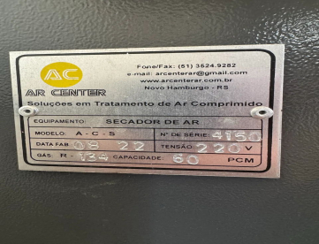 Foto: SECADOR DE AR REFRIGERADO -  AR CENTER - ACS 60 - CAPACIDADE 60 PCM - 220V - GÁS R134 - ANO 2022