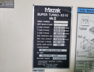 Foto: MÁQUINA DE CORTE A LASER CO2 - MAZAK - SUPER TURBO X510 MKII - 5 EIXOS - 1500 X 3000MM - 2500W - ANO 2005