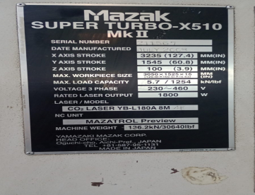 Foto: MAQUINA DE CORTE A LASER C02 CNC  MARCA MAZAK  MODELO SUPER TURBO X510 MK II - ANO 2008