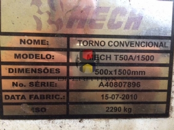 Foto: TORNO MECÂNICO - MARCA MECH - MODELO T50A / 1500 - ANO 2010