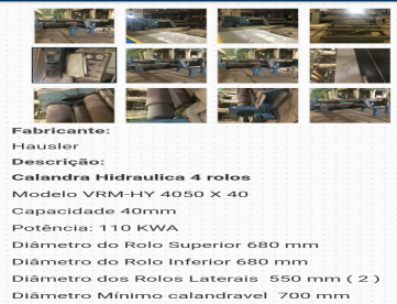 Foto: CALANDRA HIDRAULICA 4 ROLOS COM INICIAL MARCA HAUSLER