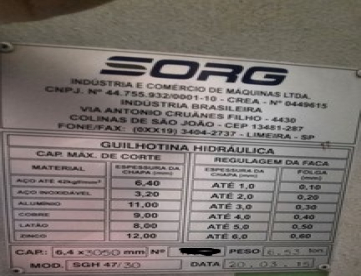 Foto: GUILHOTINA HIDRÁULICA SORG - MODELO SGH 47/30 - ANO 2015 - 3000MMx1/4
