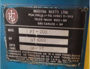 Foto: PRENSA EXCÊNTRICA FREIO E FRICÇÃO RICETTI 200 TONELADAS -ANO 2008-NR12