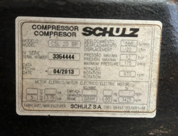 Foto: COMPRESSOR PARAFUSO SCHULZ – 5 HP – ANO 2013