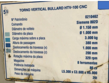 Foto: TORNO VERTICAL CNC - BULLARD - HTV 100CNC - 1000MM - 1150MM VOLTEIO - 380MM ALTURA