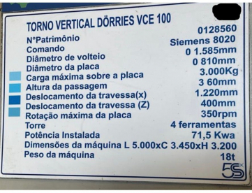 Foto: TORNO VERTICAL CNC - DORRIES - VCE 100 - 810MM PLACA - 1585MM VOLTEIO - 360MM ALTURA