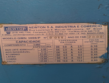 Foto: GUILHOTINA MECÂNICA - NEWTON - GMN-3008/P (CAPACIDADE 5/16") - ANO 2000